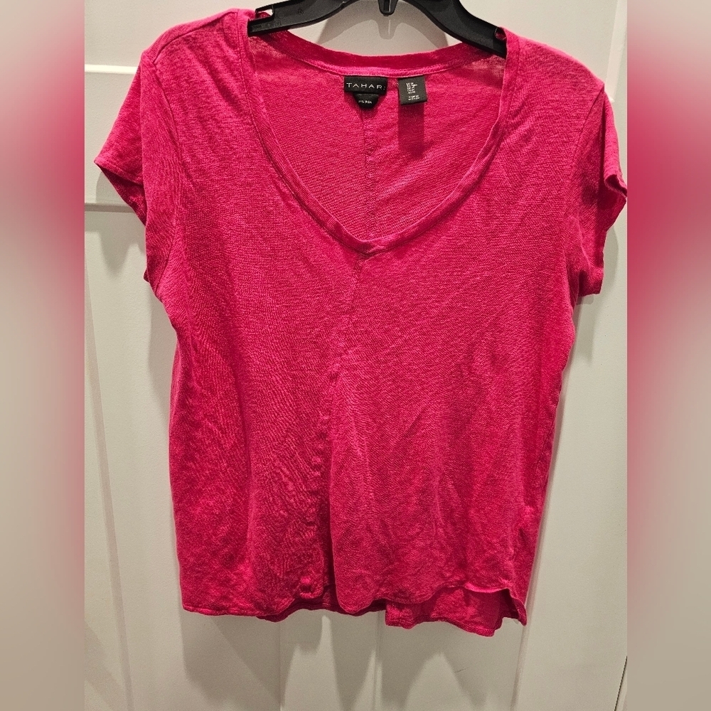Tahari 100% Linen V-Neck Short Sleeve Top Women’s M Fuchsia Pink Lightweight